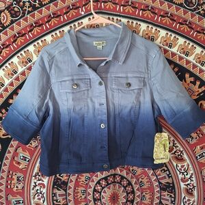 One World Purple Ombre Cropped Short Sleeve Button-Up Denim Trucker Jacket